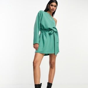 ASOS DESIGN super soft slouchy off shoulder mini dress with belt in sage US6
